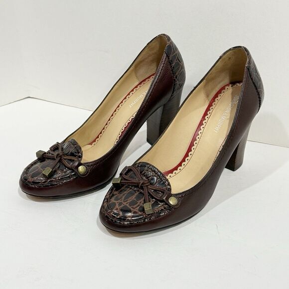 Women Shoes JOHNSTON & MURPHY BROWN CROC PEBBLED LEATHER HEELS Size 9M - Picture 1 of 16